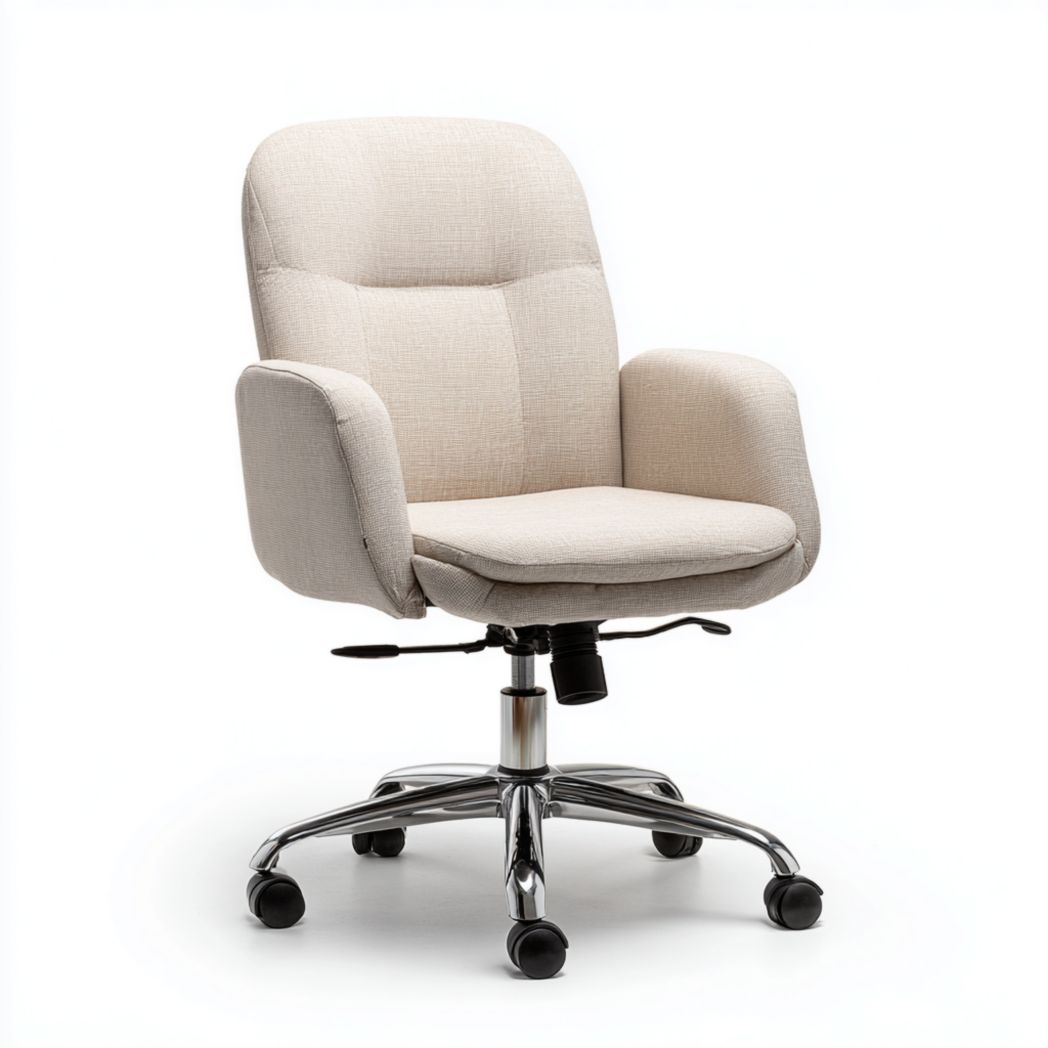 Chaise de bureau pivotante avec accoudoirs, revêtement en tissu beige et base chromée-Modern Europa