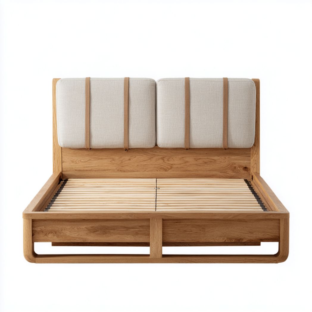 Lit en bois massif avec tête de lit rembourrée et sangles en cuir-Mcg Furniture