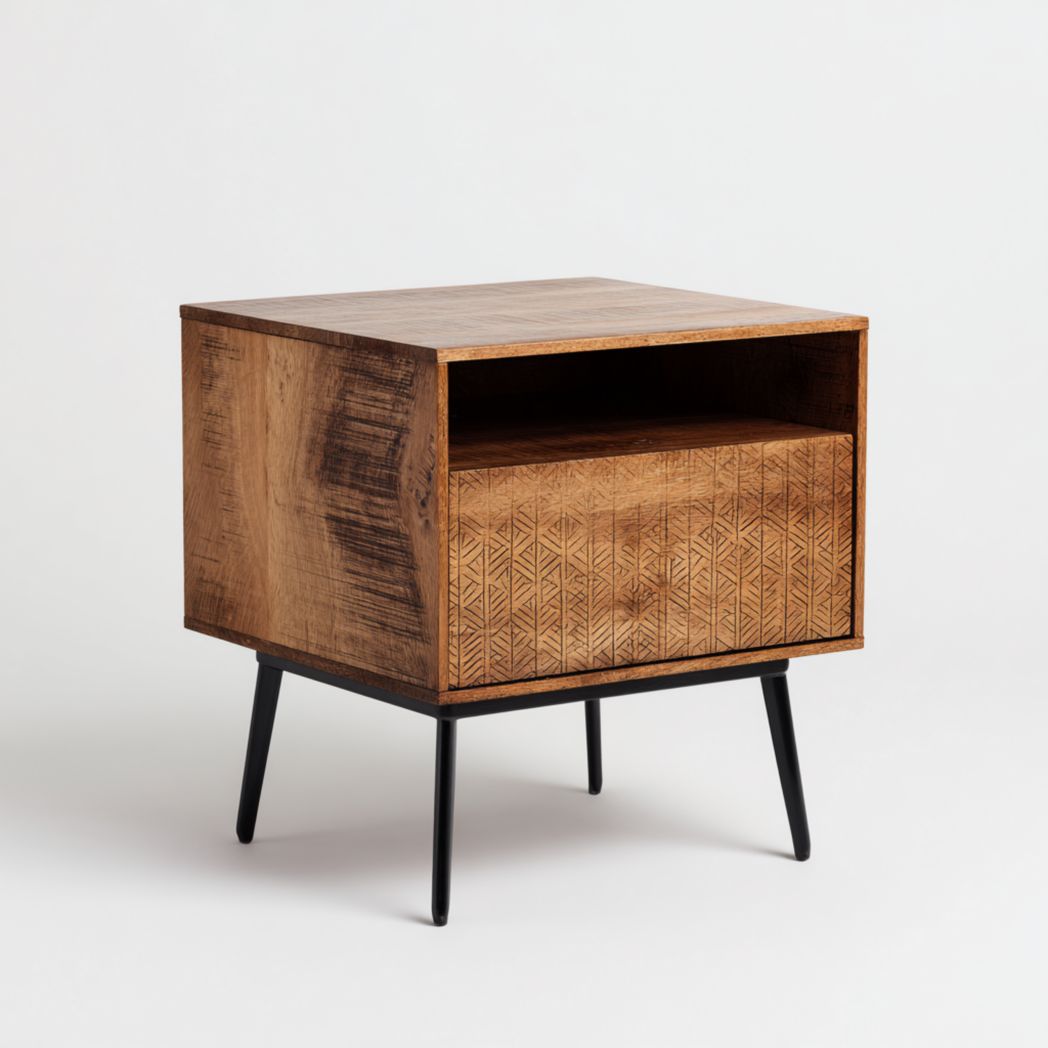 Table de chevet en bois sculpté avec niche ouverte et tiroir sur pieds noirs-Mcg Furniture