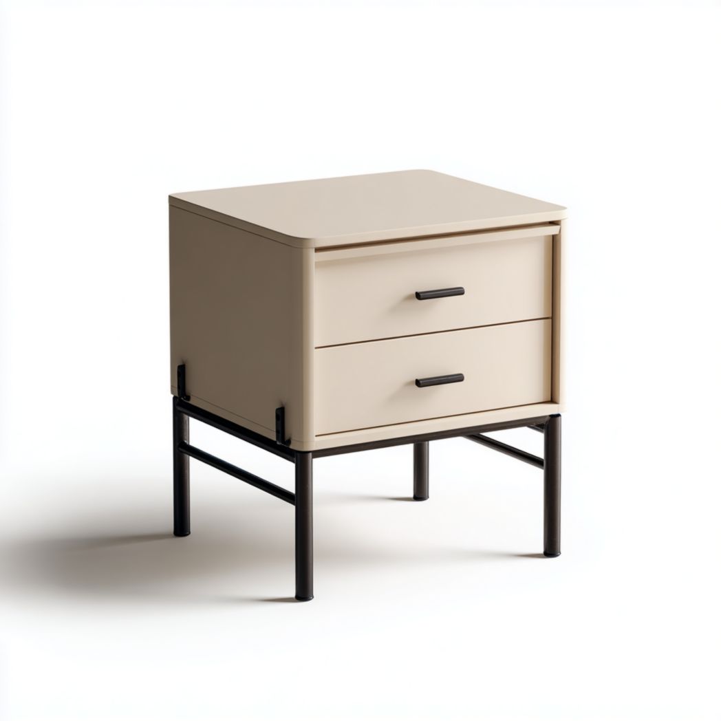 Table de chevet beige en bois de chêne et acier noir avec deux tiroirs-Mcg Furniture