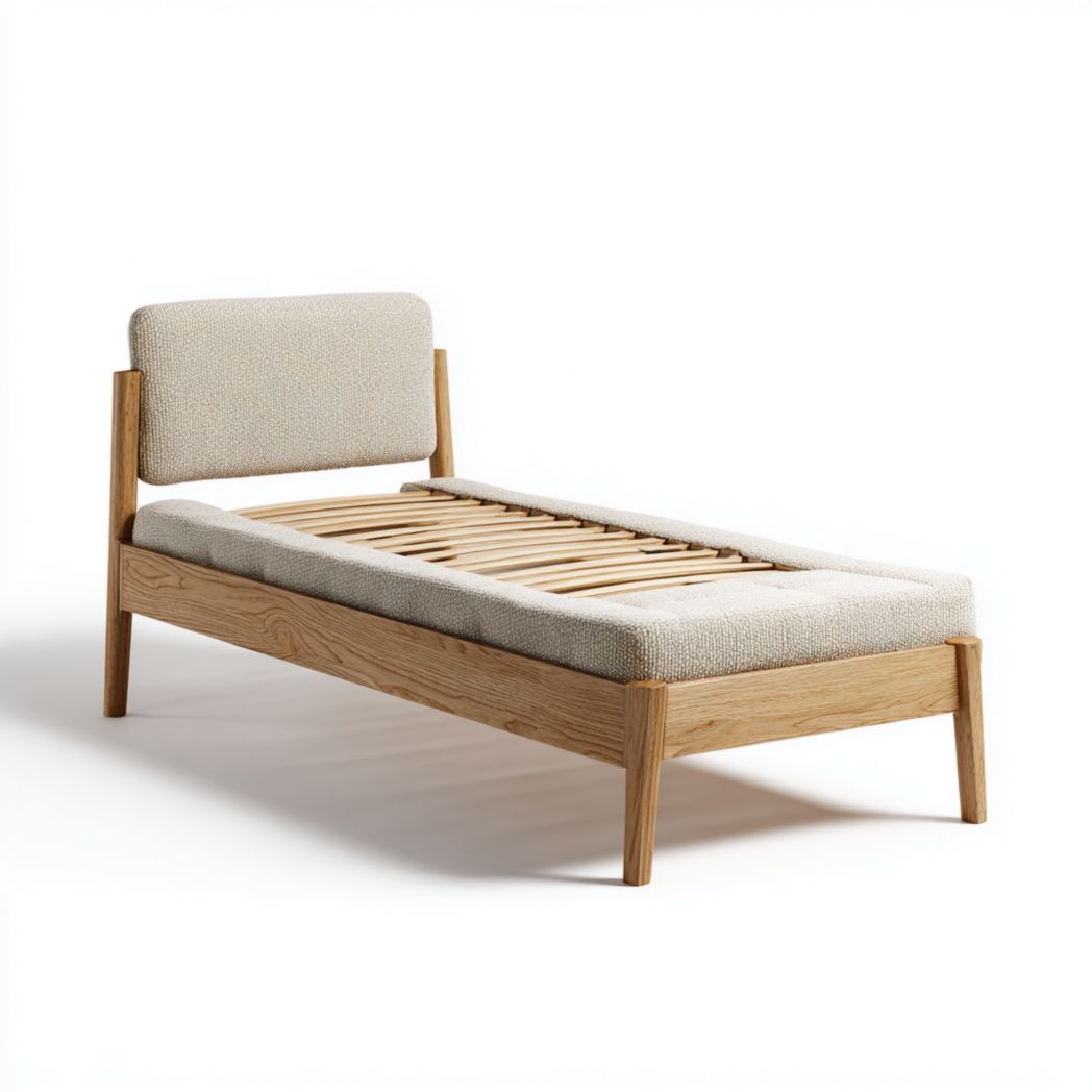 Lit simple en bois de chêne avec tête de lit rembourrée
