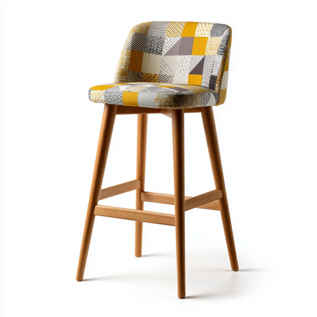 Chaise de bar en tissu patchwork multicolore avec pieds en bois-Modern Europa