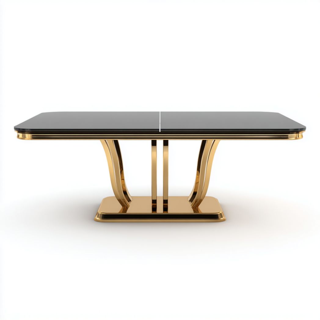 Table à manger rectangulaire avec plateau en verre trempé noir et base en acier doré-Mcg Furniture