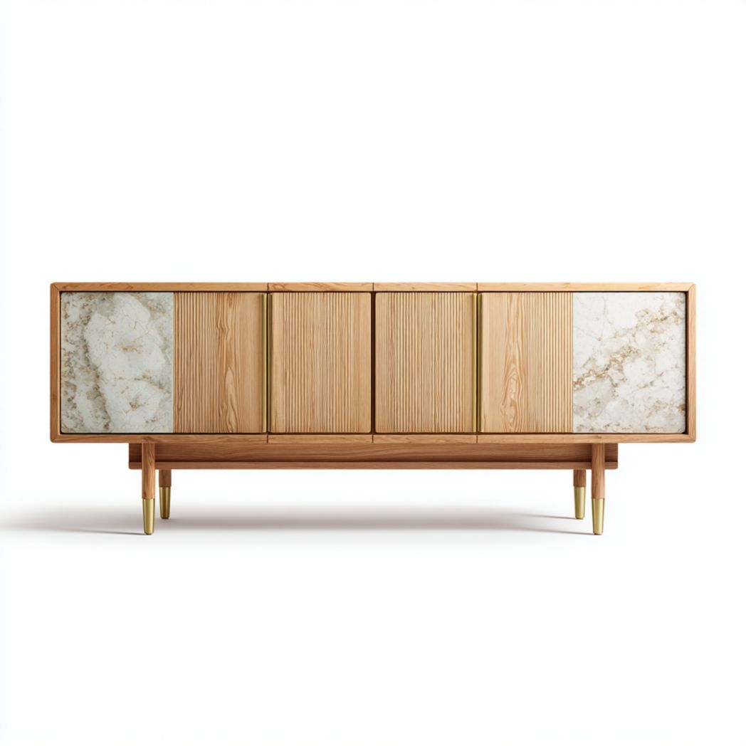 Buffet en bois avec détails en marbre et pieds métalliques dorés