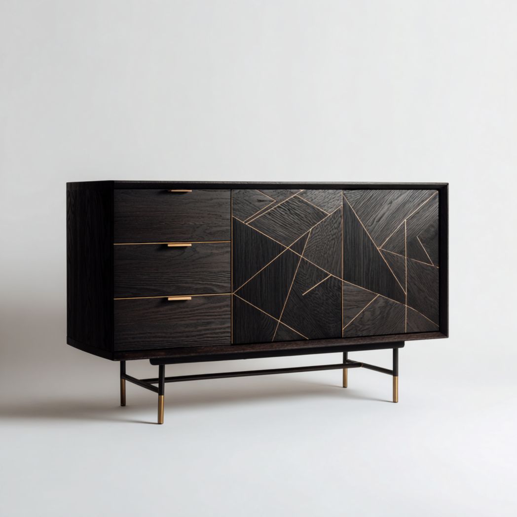 Buffet en chêne massif teinté noir avec incrustations dorées et piètement en acier