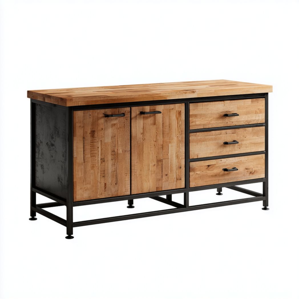 Buffet en bois massif avec structure en métal noir et tiroirs-Modern Europa